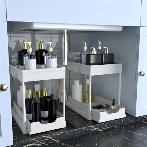DEKAVA Cabinet, 2 Pack Under Sink Organizer, 2 Tier Sliding Bathroom Kitchen Organizer, Large White ABS Baskets, Easy Install & Clean - color: White