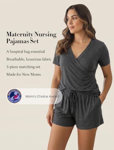 PATPAT 3-Piece Maternity Nursing Pajamas, Womens Lounge Set with Pockets - color: Dark Gray, size: Medium