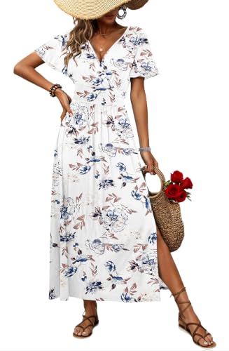 AUSELILY Maxi Dresses V Neck Flutter Sleeve Slit Summer Dress with Pockets - color: Floral White, size: 3X-Large
