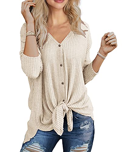 IWOLLENCE Womens Button Down Henley Long Sleeve Blouse - color: Oatmeal, size: XX-Large
