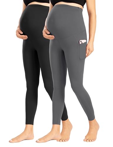 Enerful Maternity Leggings with Pockets Yoga Tights - color: Black+gray, size: Small