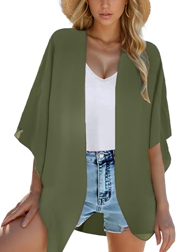 Moss Rose Women's Beach Kimono Coverup Sheer Chiffon Open Front Cover Ups - color: Olive