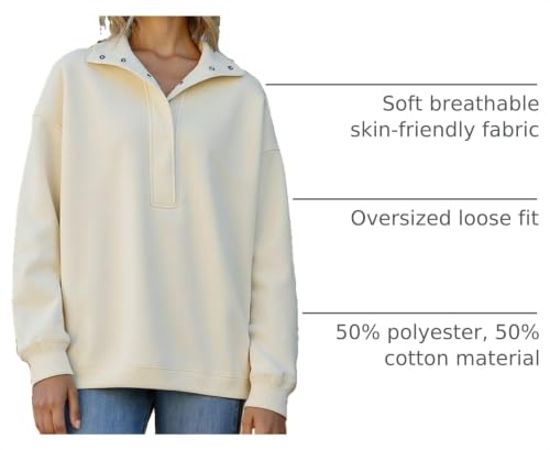 BLENCOT Women Mock Neck Sweatshirt Oversized Long Sleeve Henley Shirts - color: Beige, size: Medium