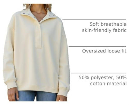 BLENCOT Women Mock Neck Sweatshirt Oversized Long Sleeve Henley Shirts - color: Beige, size: Medium