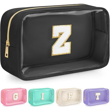 Initial Clear Makeup Bag, Birthday Gift Chenille Patch Cosmetic Bag - color: Black, size: Z
