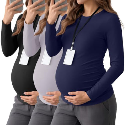 Neer 3 Pack Maternity Under Scrub T Shirt Long Sleeve Undershirt - color: Black, Light Gray, Navy Blue, size: X-Large