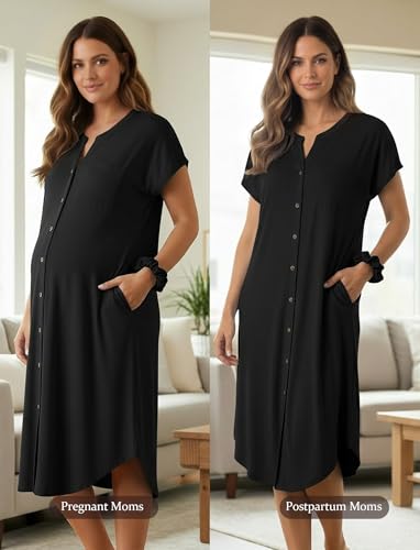 PATPAT Maternity Nursing Dress, Womens Button-Down Midi Dress with Pockets - color: Black, size: Large