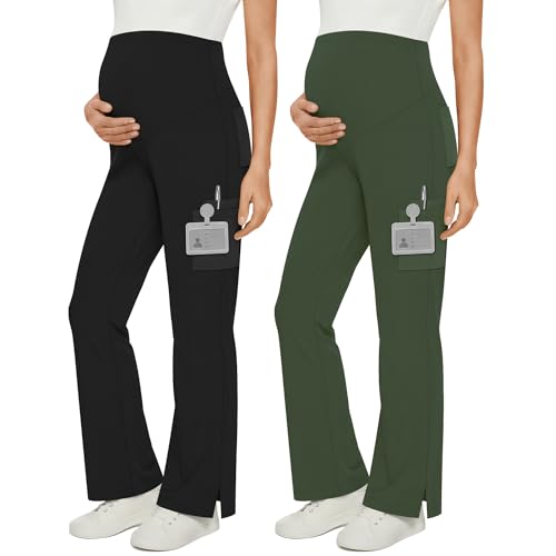 2 Pack Women's Maternity Wide Leg Cargo Scrub Pants - color: Black, Army Green, size: Small