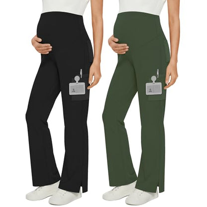 2 Pack Women's Maternity Wide Leg Cargo Scrub Pants - color: Black, Army Green, size: XX-Large