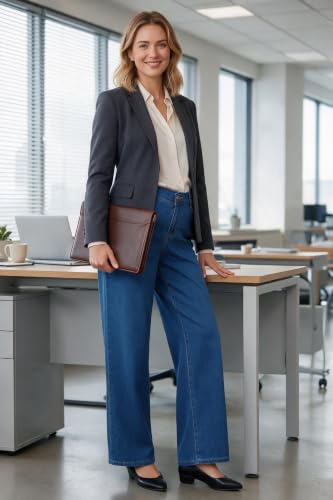 OUGES Women’s Maternity Jeans Adjustable Waistband Wide Leg Work Pants - color: Blue, size: Medium