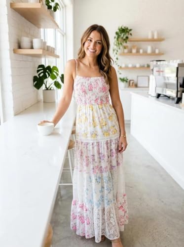 ABYOVRT Women Floral Maxi Dress Smocked Spaghetti Strap Lace Patchwork Tiered Boho Long Dress Vacation Garden Party - size: Medium