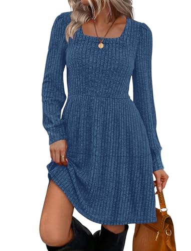 Sampeel Womens Square Neck Long Sleeve Fall Dresses Casual Babydoll Sweater Dress - color: Blue, size: Small