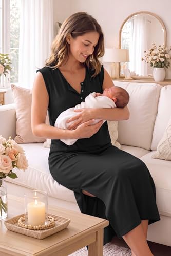 OUGES Women's Anti-Wrinkle Airy Layer Summer Maternity Dress V Neck Split Midi Nursing Dresses with Pockets 2026 - color: Black, size: X-Large