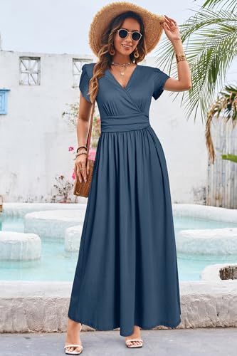 OUGES Women's Wrap V Neck Summer Maternity Photoshoot Dress with Pockets - color: Gray Blue, size: Large