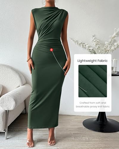 BTFBM Women Ruched Bodycon Maxi Dresses Summer Casual - color: Army Green, size: Large