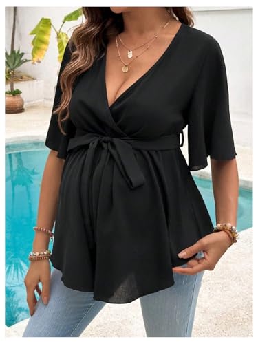 MakeMeChic Women's Maternity Nursing Blouse Wrap Belted Pregnancy Shirt - color: Black, size: X-Large