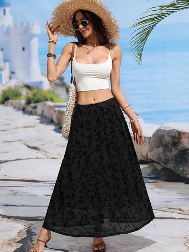 ELLEVEN Women’s Boho Floral Mesh Maxi Skirt - color: Black, size: Small