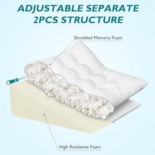 Bed Wedge Pillow for Sleep Apnea 10 Inch Gerd Pillow Patent Dual Layer Triangle Pillow Adjustable Shredded Memory Foam Topper Soft Support Ideal for Acid Reflux, After Surgery, Snoring - size: 24x24x10 Inch