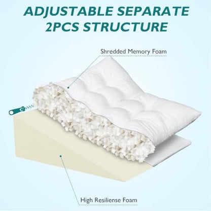 Bed Wedge Pillow for Sleep Apnea 10 Inch Gerd Pillow Patent Dual Layer Triangle Pillow Adjustable Shredded Memory Foam Topper Soft Support Ideal for Acid Reflux, After Surgery, Snoring - size: 24x24x10 Inch
