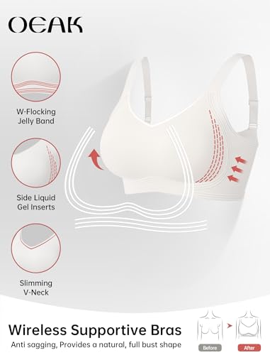 OEAK Women Jelly Bra Wireless Anti Sagging Full Coverage Bras - color: White, size: Large