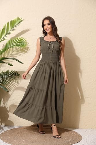 Women's 2026 Summer Boho Floral Print Tiered Casual Flowy Long Maxi Dress - color: Army Green, size: Medium