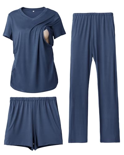 Rnxrbb 3 Piece Maternity Nursing Pajamas Set for Women Postpartum Pjs - color: Navy, size: Medium