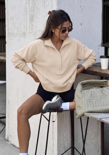 PRETTYGARDEN Women's Fall Oversized Sweatshirts Mock Neck Henley Pullover - color: Beige, size: Medium