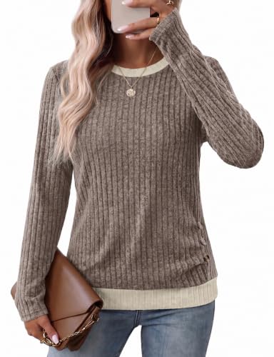 Sampeel Long Sleeve Shirts for Women Lightweight Sweaters Fall Tops - color: Brown, size: Small