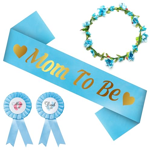 Blue and Gold Mom to Be Sash Kit for Baby Shower Decoration Keepsake