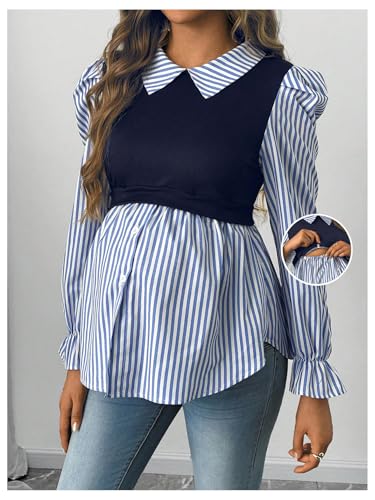 WDIRARA Women's Maternity Striped Button Down Shirts Long Sleeve Collared Blouse 2 in 1 Nursing Top - color: Blue and White, size: Medium