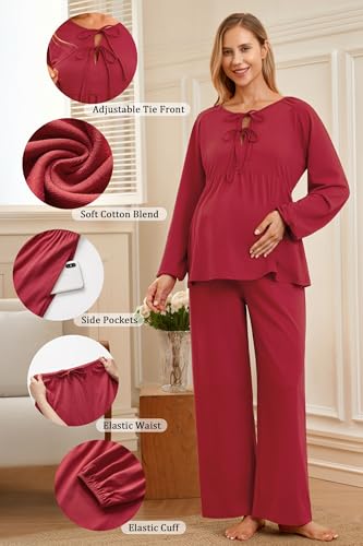 OUGES Womens Cotton Blend Maternity Pajama Sets Tie Front Loungewear Pregnancy Sleepwear Top & Long Pants with Pockets - color: Red, size: Medium