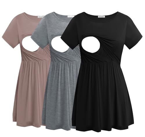 Smallshow Women's Nursing Tops Short Sleeve Breastfeeding Shirt 3 Pack - color: Black-brown-light Grey(3 Packs), size: X-Large