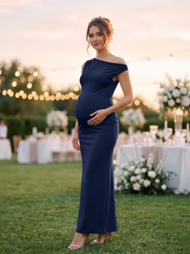 guruixu One Shoulder Maternity Wedding Guest Dress, Summer Bodycon Maxi - color: Navy, size: Large