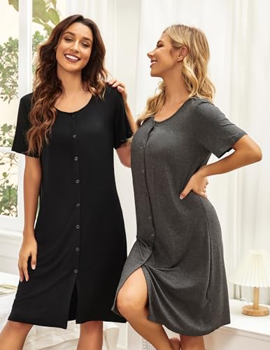Ekouaer 3 Pack Women's Button Down Nightgowns Short Sleeve Night Shirts - color: Black,grey,navy, size: 3X-Large