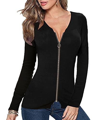 Afibi Women V Neck Zip Front Long Sleeve Casual Top Blouse Shirt/Cardigan - color: Black, size: Large