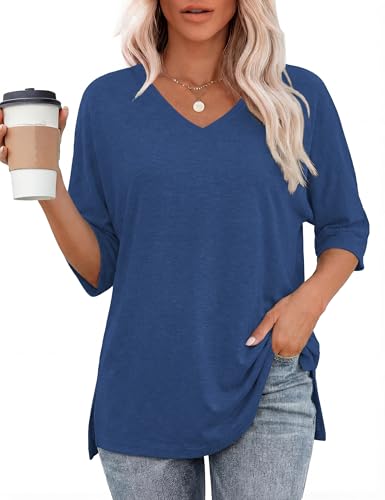 Totatuit Womens Oversized T Shirts Short Sleeve V Neck Basic Tees Tops - color: Navy Blue, size: X-Large