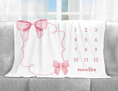 Pink Bow Milestone Blanket, Girl Bowknot Baby Growth Chart Monthly Blanket - color: Bow