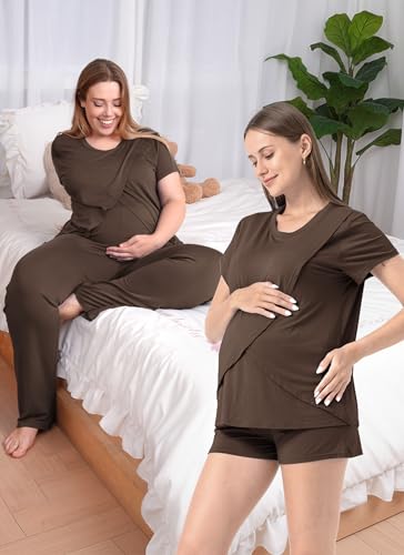 Rnxrbb 3 Piece Postpartum Nursing Pajamas Set Maternity Breastfeeding Pjs - color: 1-coffee Brown, size: Large
