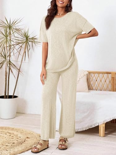 Tankaneo Women's 2 Piece Travel Outfits Knit Sweater Lounge Sets Tracksuit - color: Beige, size: Medium