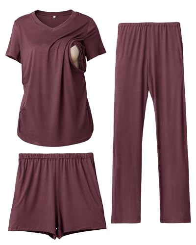 Rnxrbb 3 Piece Maternity Nursing Pajamas Set for Women Postpartum Pjs - color: Dark Purple, size: Small