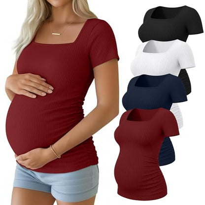 Huukeay 4 Pack Women's Short Sleeve Maternity Shirts - color: Black, White, Navy Blue, Wine Red, size: Medium