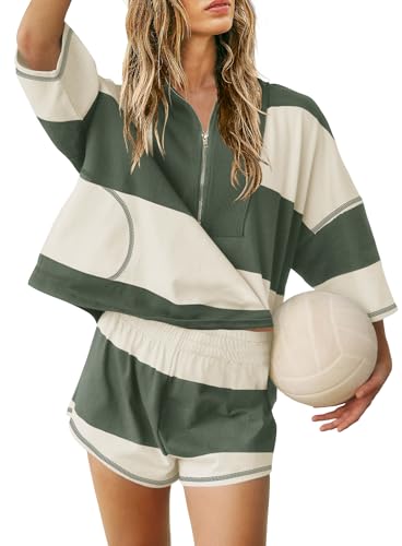 Yanekop Womens Striped Workout Set Two Piece Lounge Set Athleisure Sets - color: Army Green, size: Large