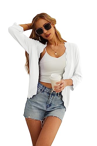 GRECERELLE Women's 3/4 Sleeve Summer Lightweight Knit Cardigan Sweater - color: 01-solid-white, size: Large