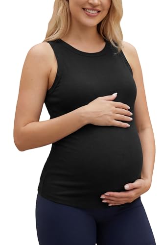 OUGES Women's Cotton Maternity Tank Tops with Built in Bras Sleeveless Crewneck Ribbed Knit Pregnancy Clothes 2026 - color: Black, size: Medium