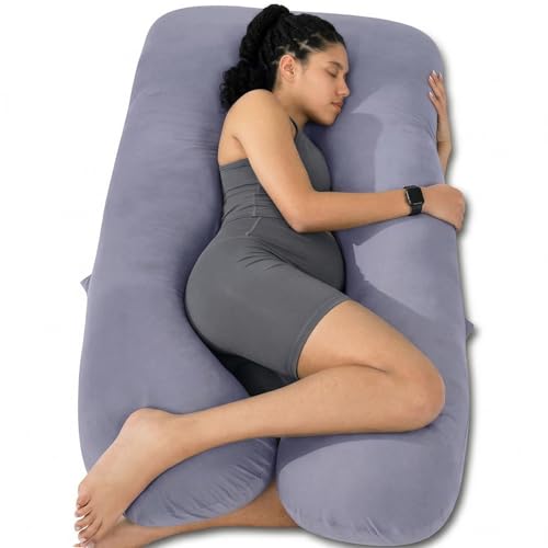 QUEEN ROSE 60 Inch Cooling U Shaped Pregnancy Body Pillow, Silky Blue Cover - color: Vintage Bluestone