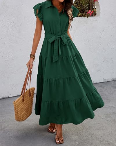 dowerme Women Ruffle Sleeve Button Belted Boho Maxi Dress - color: Dark Green, size: Small