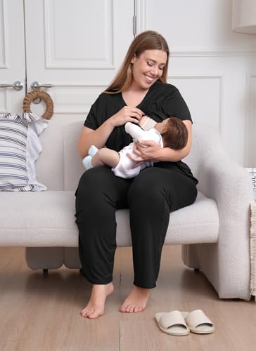 Rnxrbb 3 Piece Postpartum Nursing Pajamas Set Maternity Breastfeeding Pjs - color: Black, size: Large