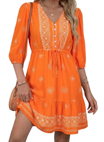 BLENCOT Women's Casual V Neck Button Down Half Long Sleeve Boho Flowy Floral Printed Mini Dress Summer Dresses Maternity - color: Orange, size: Large