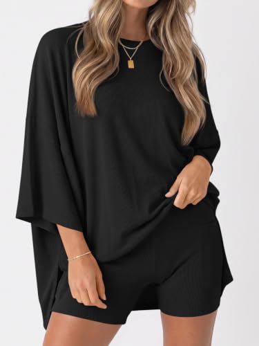 Fisoew Womens 2 Piece Lounge Set Ribbed Oversized T-Shirt Biker Shorts - color: Black, size: Large