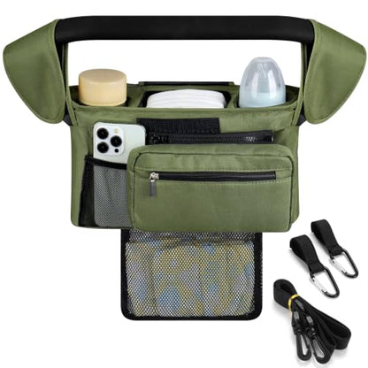 Accmor Universal Stroller Organizer with Insulated Cup Holder - color: All Green/Detachable Diaper Pocket